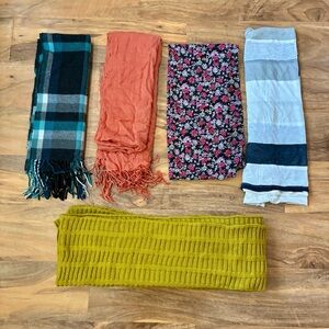 Lot of 5 Scarves Varied Colors Sizes Material and Patterns Seasonal & Everyday